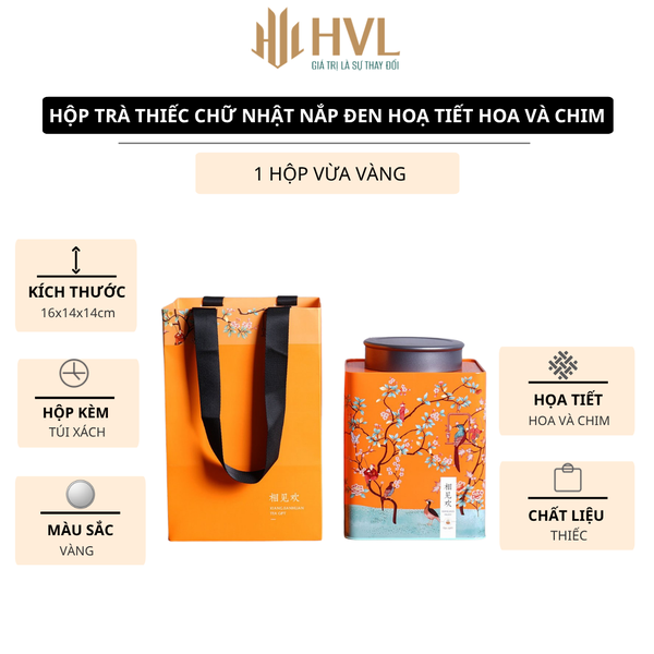 Hộp trà thiếc chữ nhật nắp đen hoạ tiết Hoa và Chim (kèm túi)