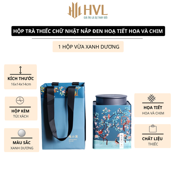 Hộp trà thiếc chữ nhật nắp đen hoạ tiết Hoa và Chim (kèm túi)