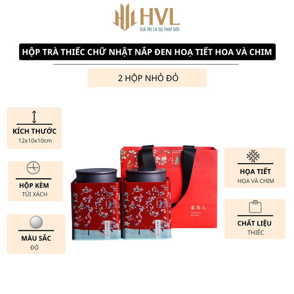 Hộp trà thiếc chữ nhật nắp đen hoạ tiết Hoa và Chim (kèm túi)