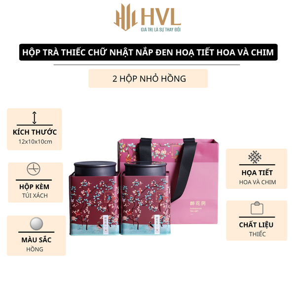 Hộp trà thiếc chữ nhật nắp đen hoạ tiết Hoa và Chim (kèm túi)