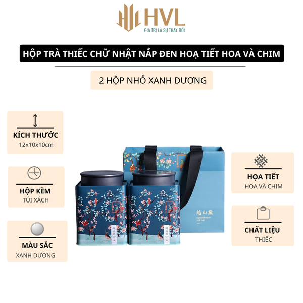 Hộp trà thiếc chữ nhật nắp đen hoạ tiết Hoa và Chim (kèm túi)