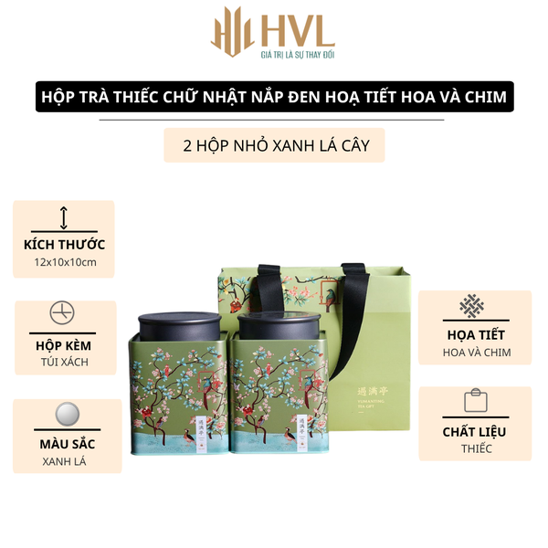 Hộp trà thiếc chữ nhật nắp đen hoạ tiết Hoa và Chim (kèm túi)