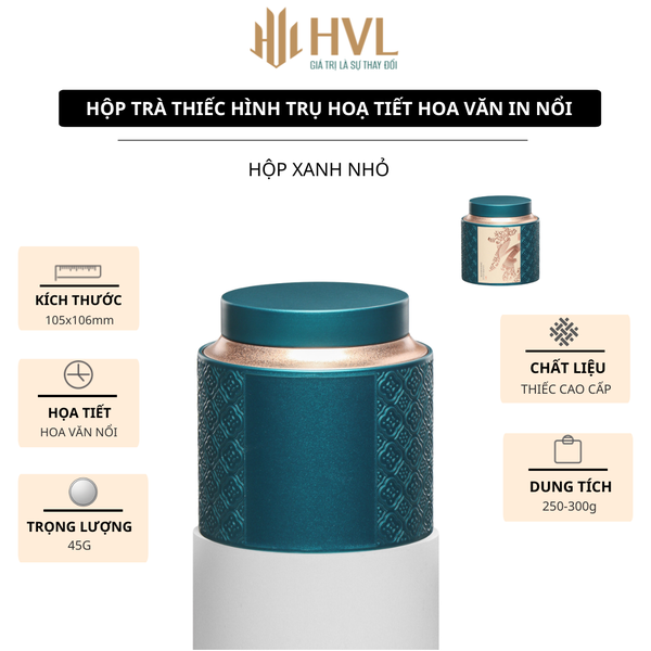 Hộp Trà Thiếc Hình Trụ HT66 - Họa Tiết Hoa Văn In Nổi Sang Trọng