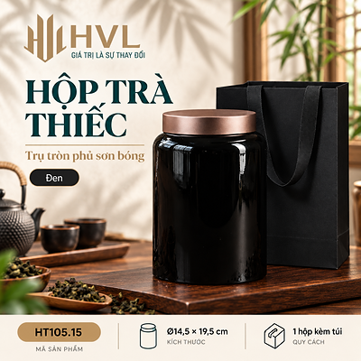 Hộp trà thiếc trụ tròn sơn bóng Thủy Mặc