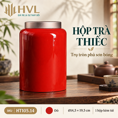 Hộp trà thiếc trụ tròn sơn bóng Thủy Mặc