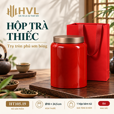 Hộp trà thiếc trụ tròn sơn bóng Thủy Mặc