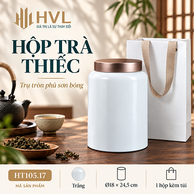 Hộp trà thiếc trụ tròn sơn bóng Thủy Mặc