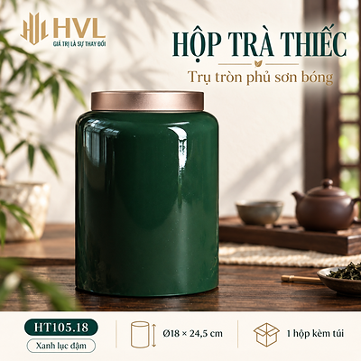 Hộp trà thiếc trụ tròn sơn bóng Thủy Mặc