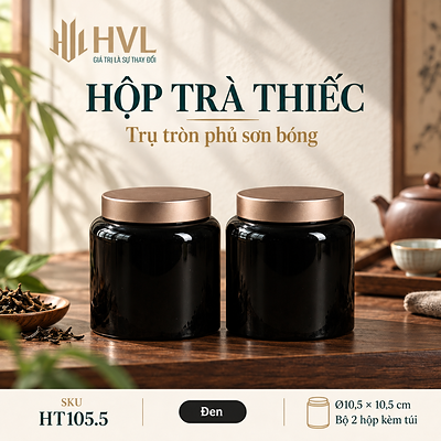 Hộp trà thiếc trụ tròn sơn bóng Thủy Mặc