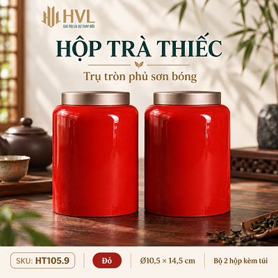 Hộp trà thiếc trụ tròn sơn bóng Thủy Mặc