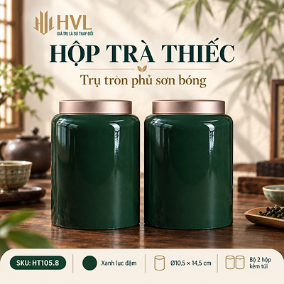 Hộp trà thiếc trụ tròn sơn bóng Thủy Mặc