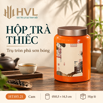 Hộp trà thiếc trụ tròn sơn bóng Thủy Mặc