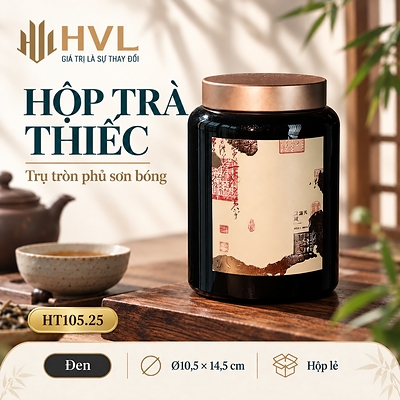 Hộp trà thiếc trụ tròn sơn bóng Thủy Mặc