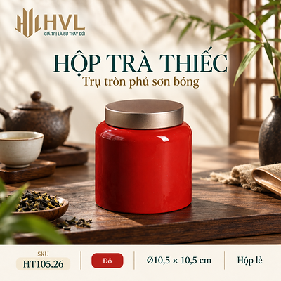 Hộp trà thiếc trụ tròn sơn bóng Thủy Mặc