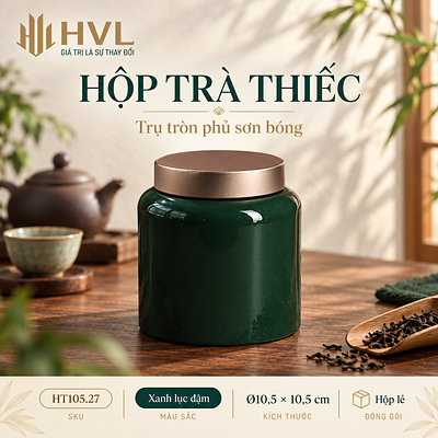 Hộp trà thiếc trụ tròn sơn bóng Thủy Mặc