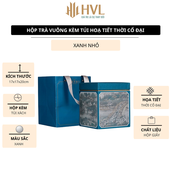 Hộp đựng trà giấy vuông kèm túi hoạ tiết thời cổ đại - HVL TEA