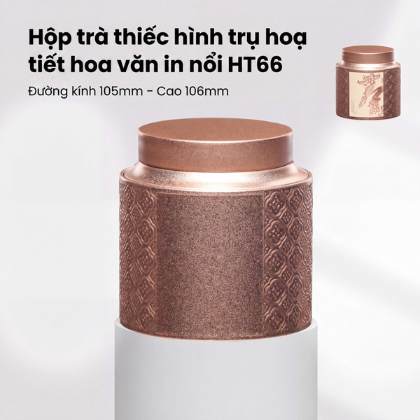 Hộp Trà Thiếc Hình Trụ HT66 - Họa Tiết Hoa Văn In Nổi Sang Trọng