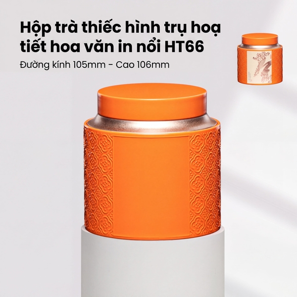 Hộp Trà Thiếc Hình Trụ HT66 - Họa Tiết Hoa Văn In Nổi Sang Trọng