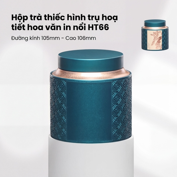Hộp Trà Thiếc Hình Trụ HT66 - Họa Tiết Hoa Văn In Nổi Sang Trọng
