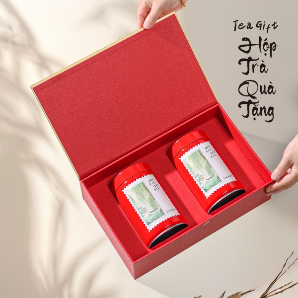 Bộ Hộp Trà Trụ Tròn Hoạ Tiết Lá Trà Cao Cấp