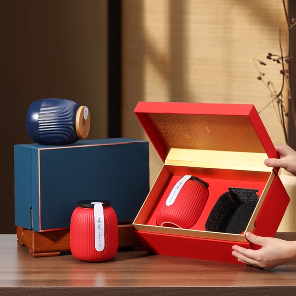 Bộ Hộp Trà Sứ Đôi Bầu Nắp Gỗ - Quà Tặng Cao Cấp Sang Trọng