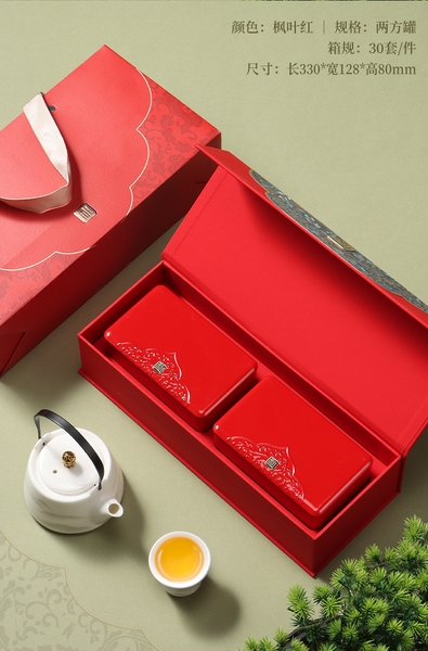 Bộ Hộp Trà Thiếc Họa Tiết Mây Lộc Kèm Túi Quà - Màu Đỏ Sang Trọng