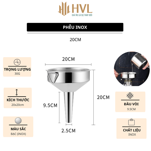 Phễu rót chiết chất rượu/ Dầu/ Mật Ong/ chất lỏng, chất liệu Inox 304 cao cấp - HVL TEA