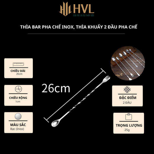 Thìa bar pha chế inox, thìa khuấy 2 đầu pha chế