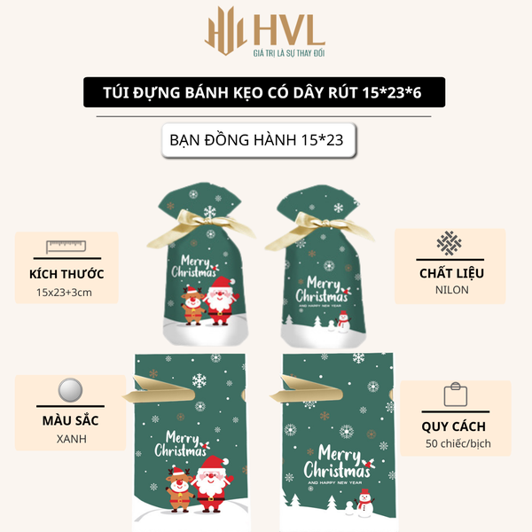 Túi đựng bánh/kẹo, túi đựng quà chủ đề Noel kích thước 15x23, dây nơ buộc - VUA BAO BÌ