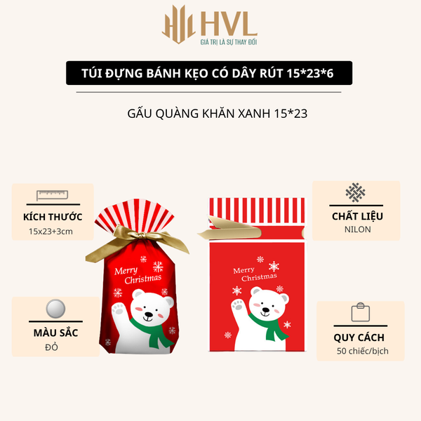 Túi đựng bánh/kẹo, túi đựng quà chủ đề Noel kích thước 15x23, dây nơ buộc - VUA BAO BÌ