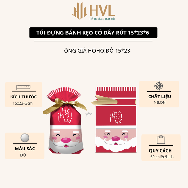 Túi đựng bánh/kẹo, túi đựng quà chủ đề Noel kích thước 15x23, dây nơ buộc - VUA BAO BÌ