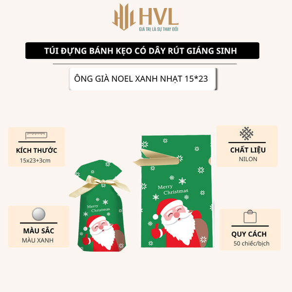 Túi đựng bánh/kẹo, túi đựng quà chủ đề Noel kích thước 15x23, dây nơ buộc - VUA BAO BÌ
