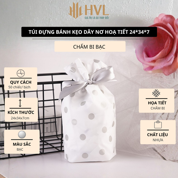 Túi đựng bánh kẹo dây nơ hoạ tiết 24x34x7