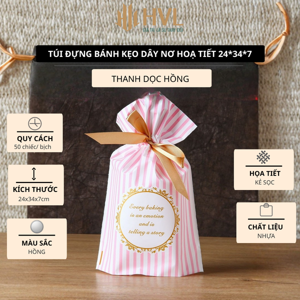 Túi đựng bánh kẹo dây nơ hoạ tiết 24x34x7
