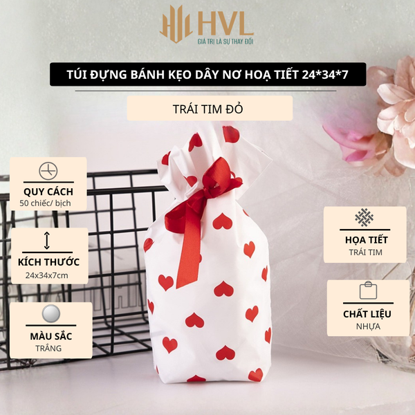 Túi đựng bánh kẹo dây nơ hoạ tiết 24x34x7