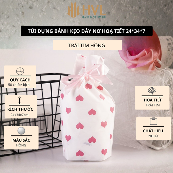 Túi đựng bánh kẹo dây nơ hoạ tiết 24x34x7