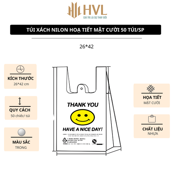 Túi xách nilon hoạ tiết Mặt Cười 50 túi/sp