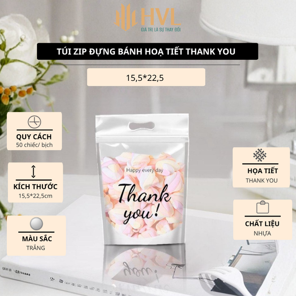 Túi đựng bánh kẹo, trà dán miệng, túi ziplock hoạ tiết Thank You - VUA BAO BÌ