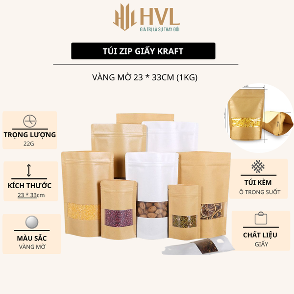 Túi zip giấy kraft nhiều size - màu vàng