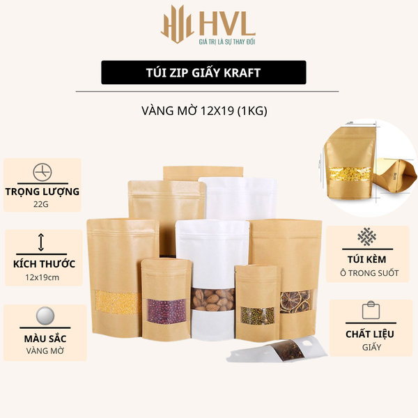 Túi zip giấy kraft nhiều size - màu vàng