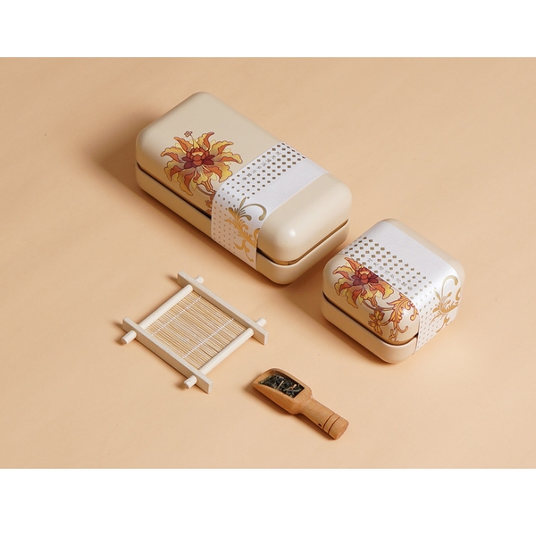 Hộp thiếc đựng trà cạnh tròn hoạ tiết hoa - HVL TEA