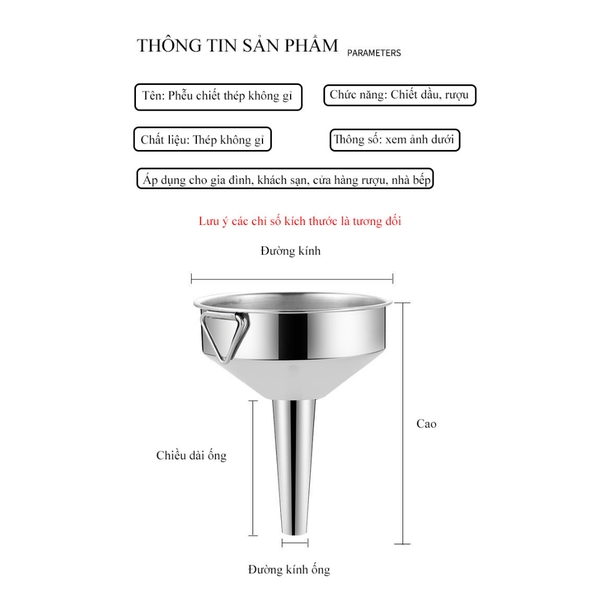 Phễu rót chiết chất rượu/ Dầu/ Mật Ong/ chất lỏng, chất liệu Inox 304 cao cấp - HVL TEA