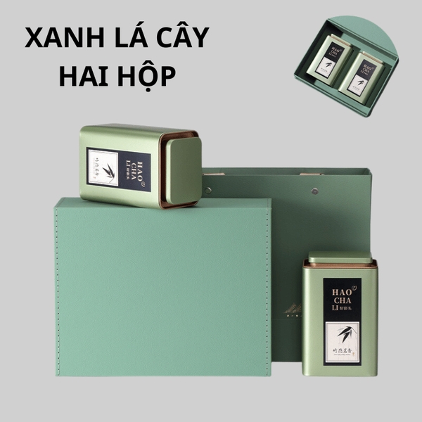 Bộ hộp trà thiếc họa tiết lá trúc kèm túi quà tặng cao cấp - HVL TEA