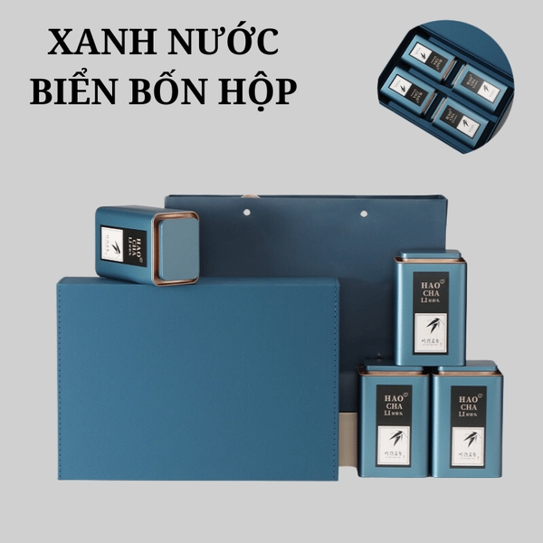Bộ hộp trà thiếc họa tiết lá trúc kèm túi quà tặng cao cấp - HVL TEA