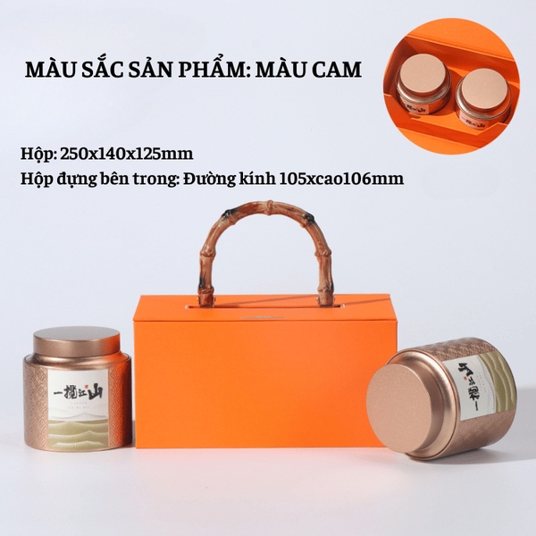 Bộ hộp trà có tay cầm gỗ 2 hộp tròn cao cấp - HVL TEA