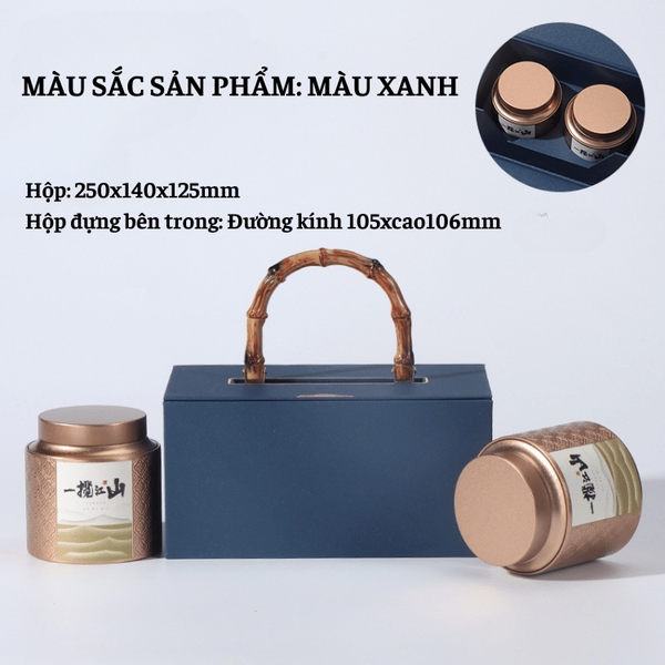 Bộ hộp trà có tay cầm gỗ 2 hộp tròn cao cấp - HVL TEA
