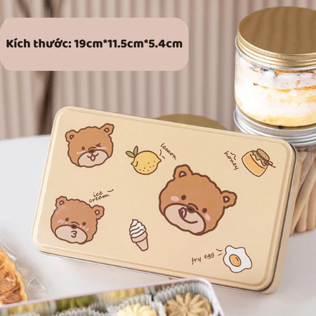 Hộp Đựng Bánh Hình Chữ Nhật Họa Tiết Gấu Thỏ Ngộ Nghĩnh - Thiếc Cao Cấp
