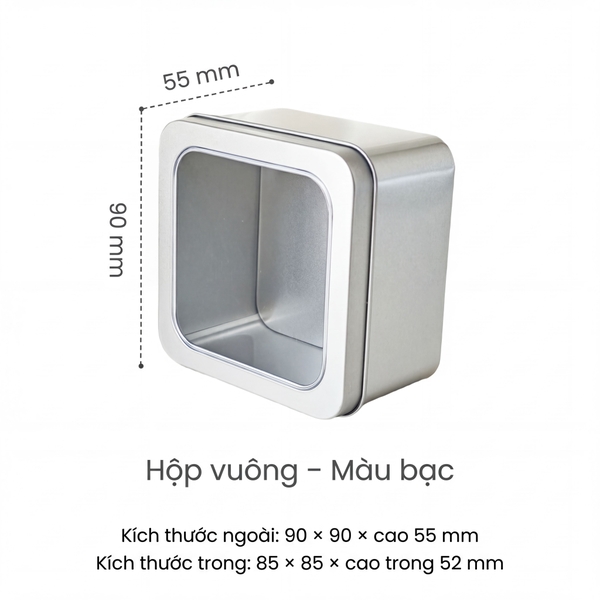 Hộp Thiếc Nắp Trong Suốt Hình Vuông Và Tròn - Màu Bạc Sang Trọng