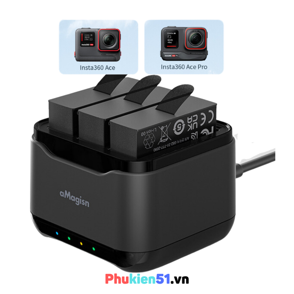 Bộ sạc aMagisn cho Insta360 Ace/Ace Pro hỗ trợ sạc 3 pin cùng lúc - Hàng Chính Hãng