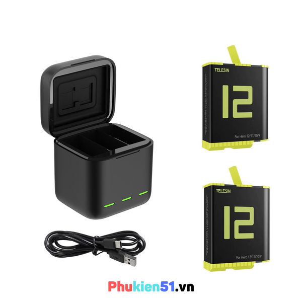 Pin Gopro 12 11 10 9 Black và Hộp sạc Telesin sạc 3 pin
